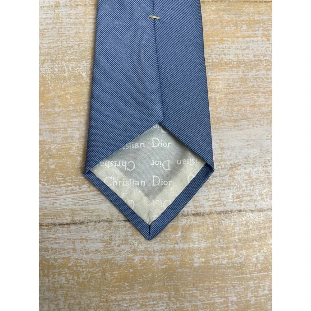 Christian Dior Vintage Blue Silk Tie Embroidered Monogram Logo 56
